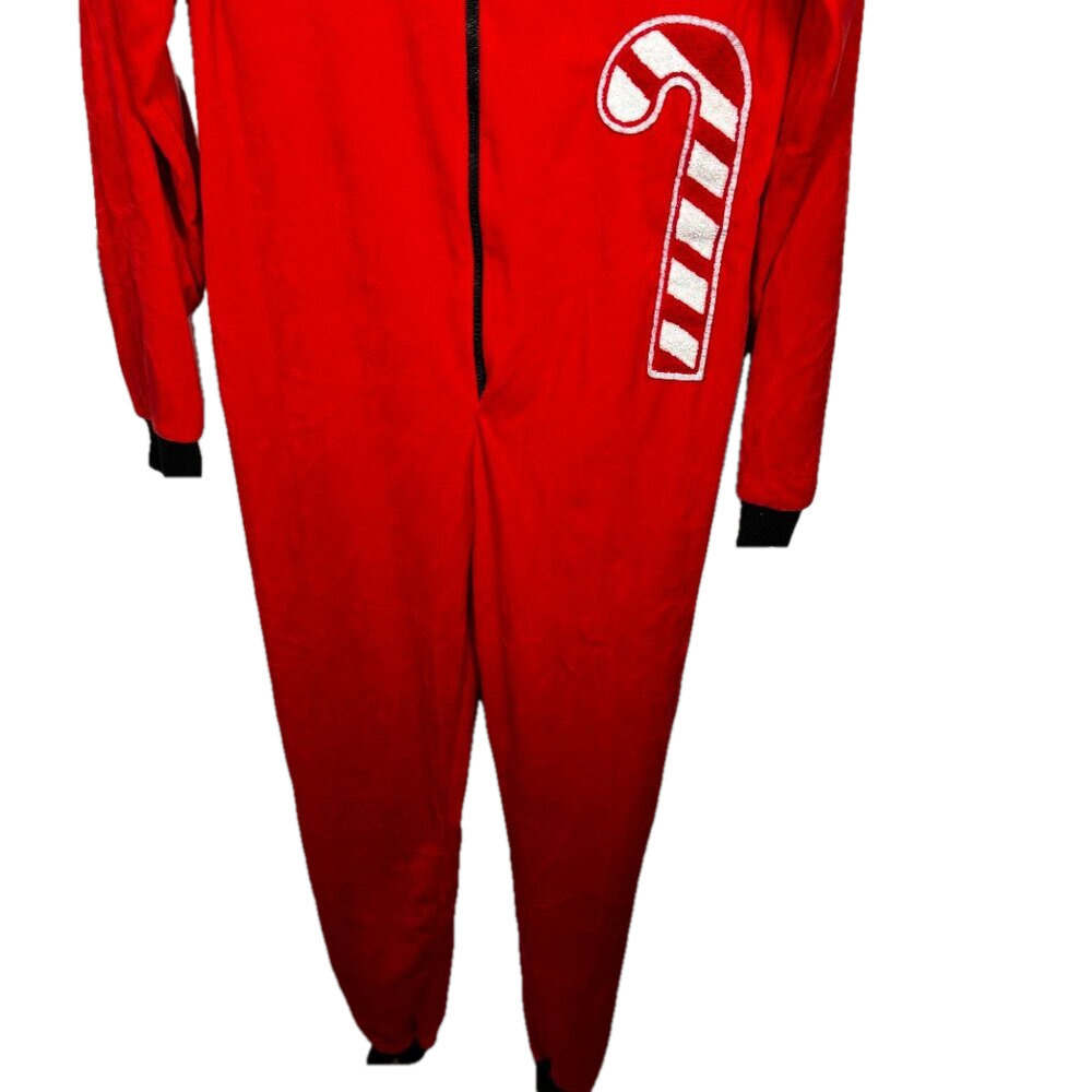 Red Holiday Jumpsuit with Hood and Candy Cane Design - Picture 2 of 5